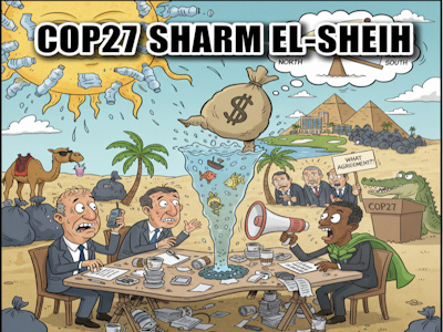 Caricature humoristique de n&eacute;gociateurs &agrave; la COP27 &agrave; Sharm El-Sheikh