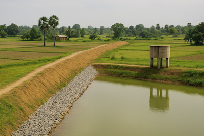 Paysage rural dans un PMA avec projets d&rsquo;adaptation, comme des digues ou des r&eacute;servoirs d&rsquo;eau