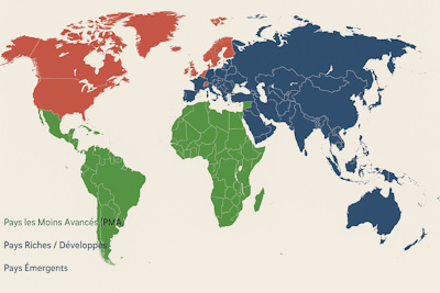 Carte du monde montrant les blocs de négociation climatique