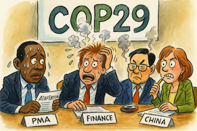 Caricature humoristique de d&eacute;l&eacute;gu&eacute;s en n&eacute;gociation &agrave; la COP29